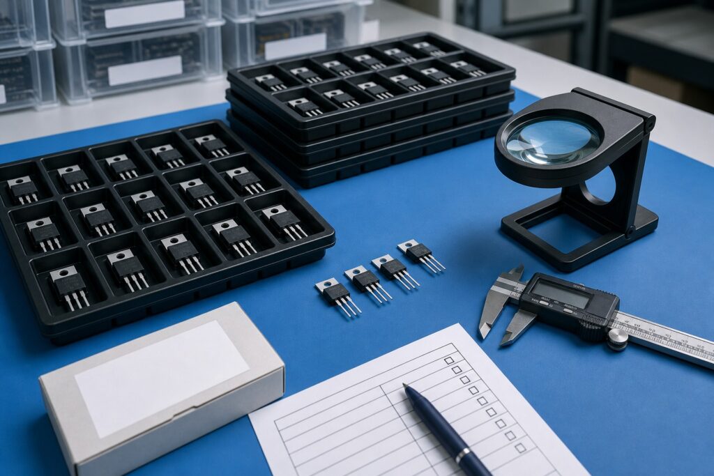 Incoming inspection desk for TO-220 MOSFET package verification and RFQ review