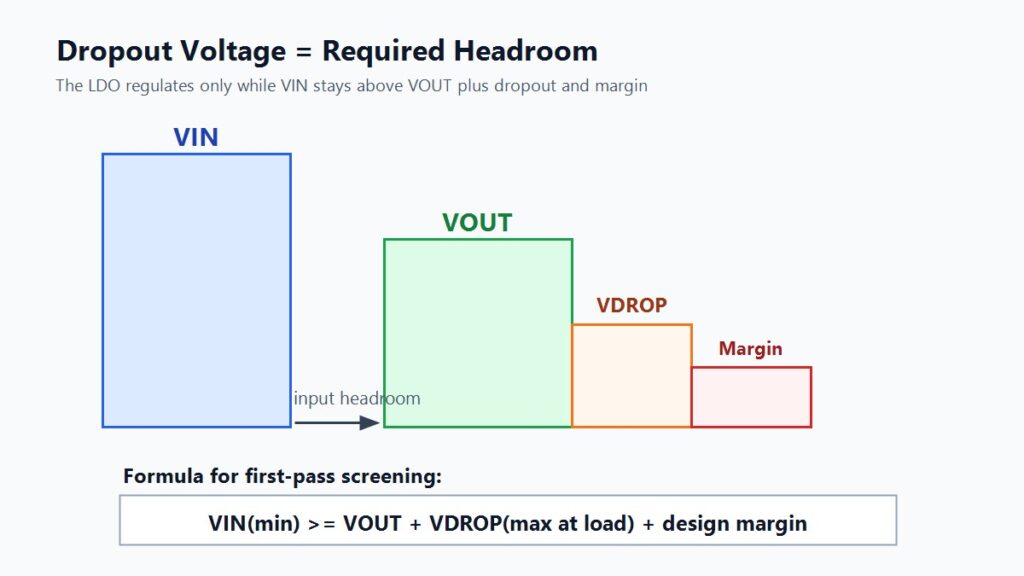 Dropout voltage diagram showing VIN must exceed VOUT plus VDROP and margin