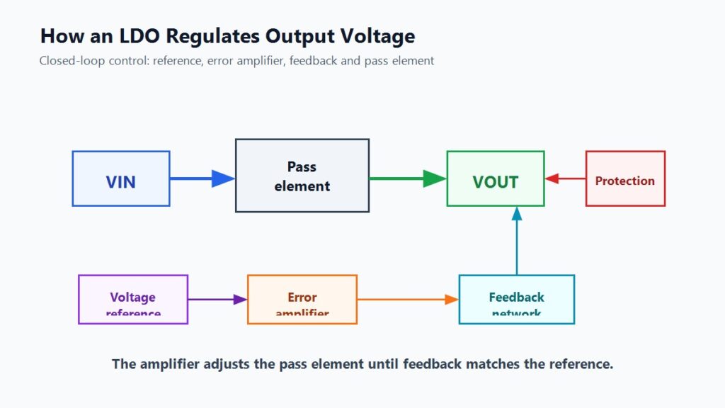 LDO internal block diagram with reference, error amplifier, feedback and pass element