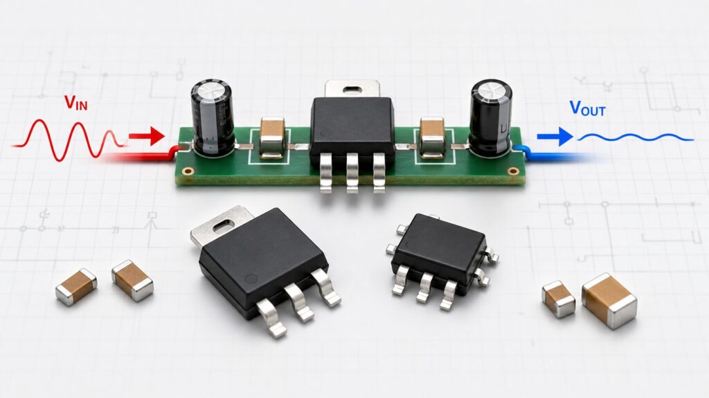 Generic LDO linear regulator components showing VIN and VOUT on a PCB power rail