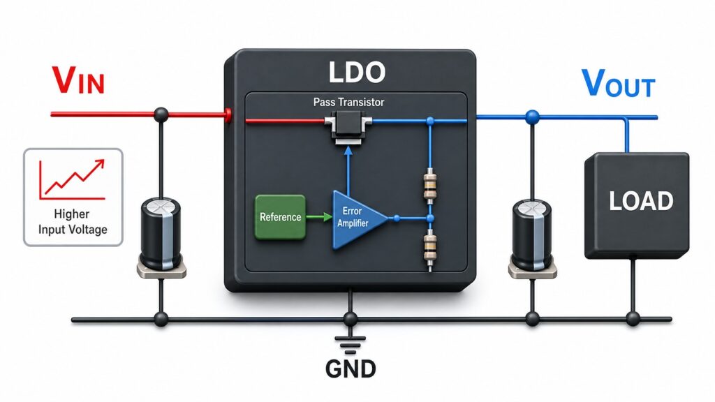 LDO regulator operating principle with VIN, pass transistor, control loop, VOUT, GND and load