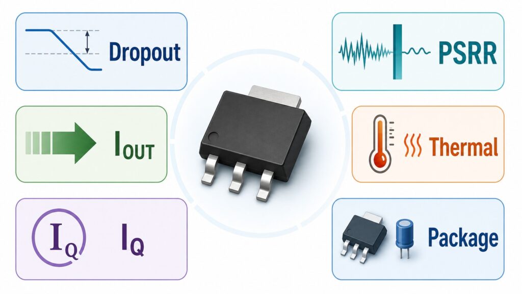LDO regulator selection parameters including dropout, output current, IQ, PSRR, thermal and package