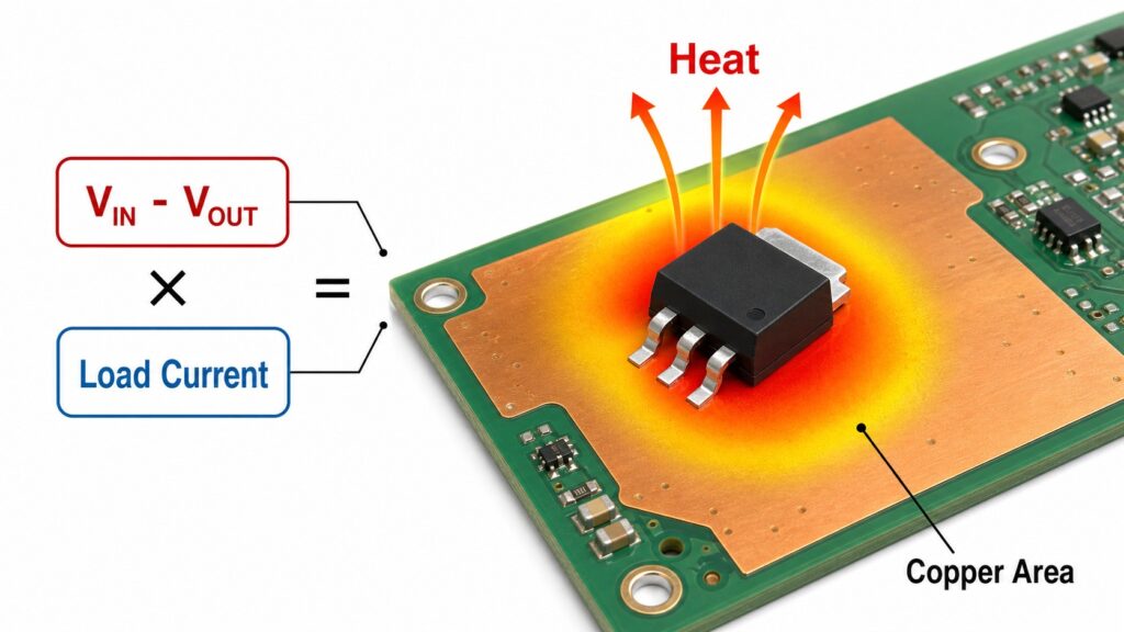LDO regulator thermal design showing heat spreading through copper area on a PCB