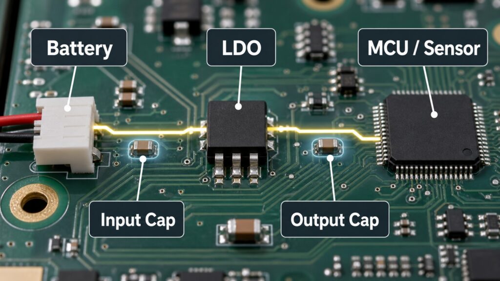 Typical LDO regulator application powering an MCU or sensor with input and output capacitors