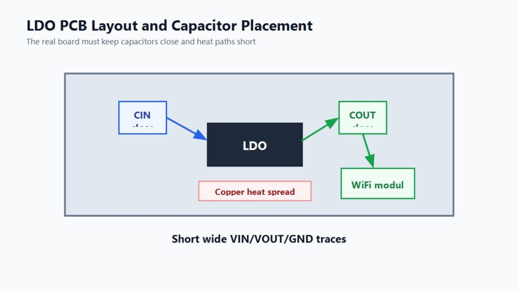 LDO PCB layout diagram showing capacitor placement and thermal copper for WiFi rail
