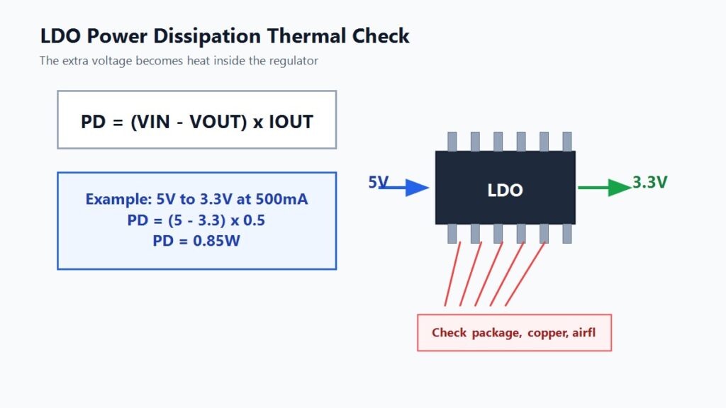 LDO power dissipation diagram with 5V to 3.3V at 500mA thermal example