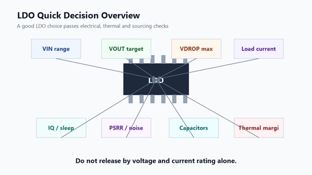 LDO regulator quick decision overview with voltage, current, IQ, PSRR and thermal checks