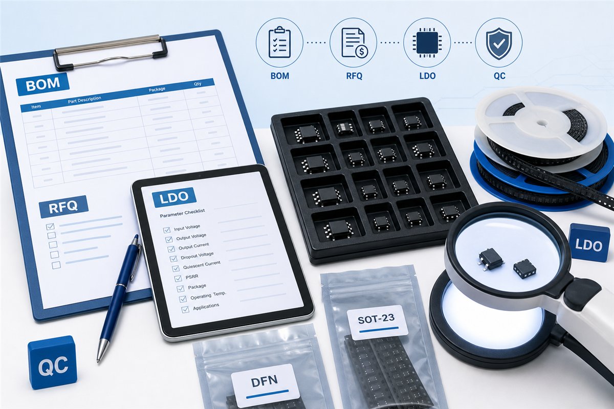 LDO regulator procurement support with BOM review, RFQ, package inspection and quality checks