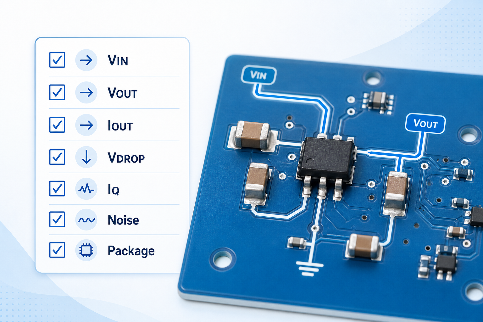 LDO regulator selection checklist for voltage, current, dropout, IQ, noise and package review