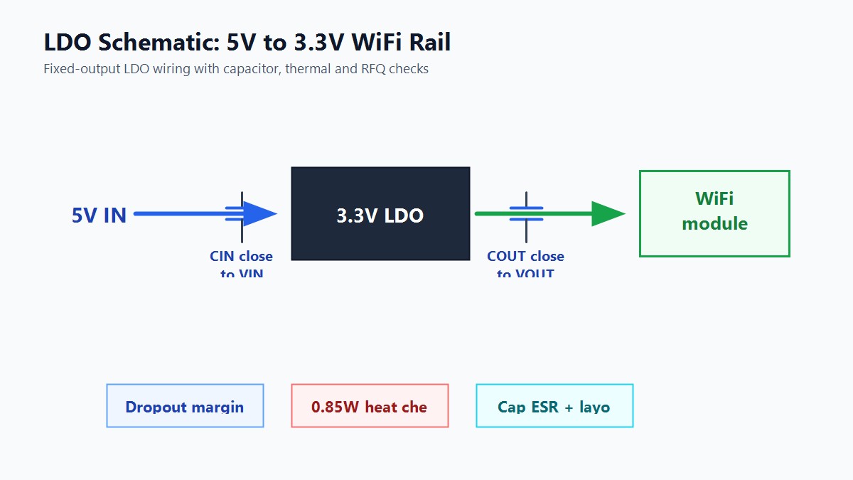 LDO schematic for 5V to 3.3V WiFi module with capacitor and thermal checks