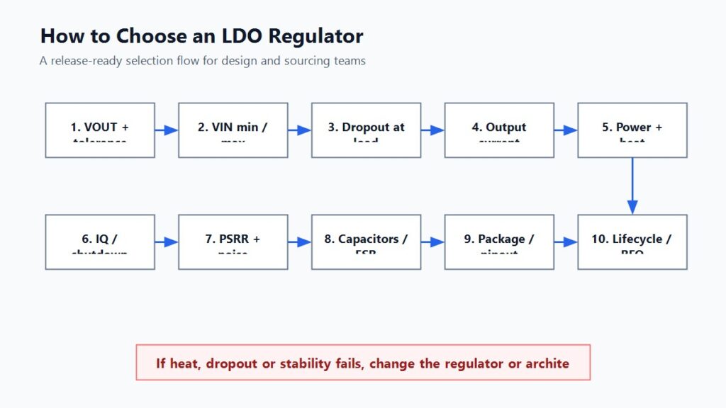 LDO selection flow checklist for voltage, dropout, current, heat, IQ, PSRR and capacitors