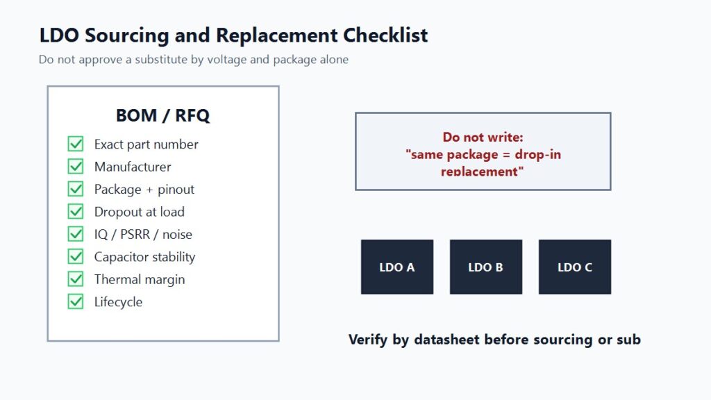 LDO sourcing checklist for exact part number, package, pinout, dropout, IQ and lifecycle