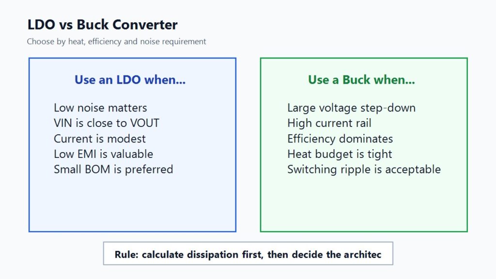 LDO vs buck converter selection graphic for noise, efficiency, current and heat