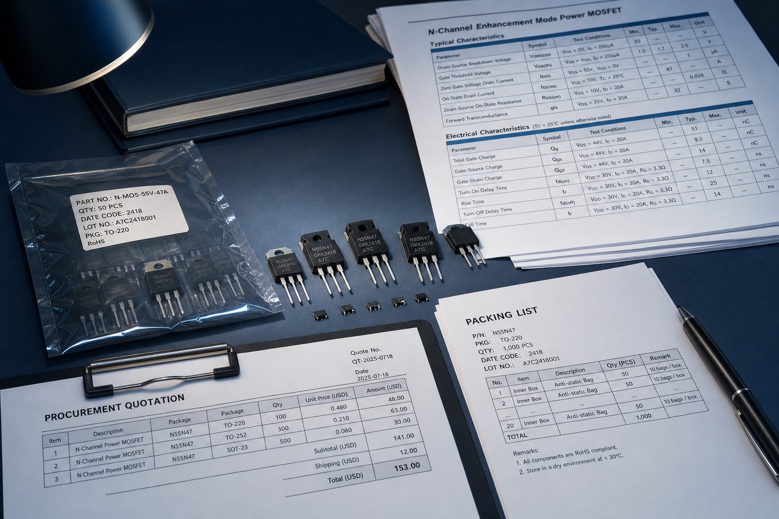 MOSFET document support including datasheet quotation invoice and packing information