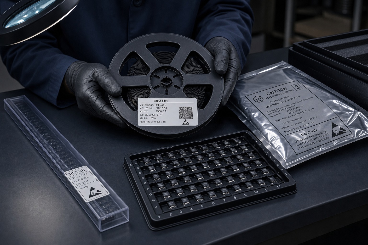 MOSFET package condition inspection for reels tubes trays and anti-static packing
