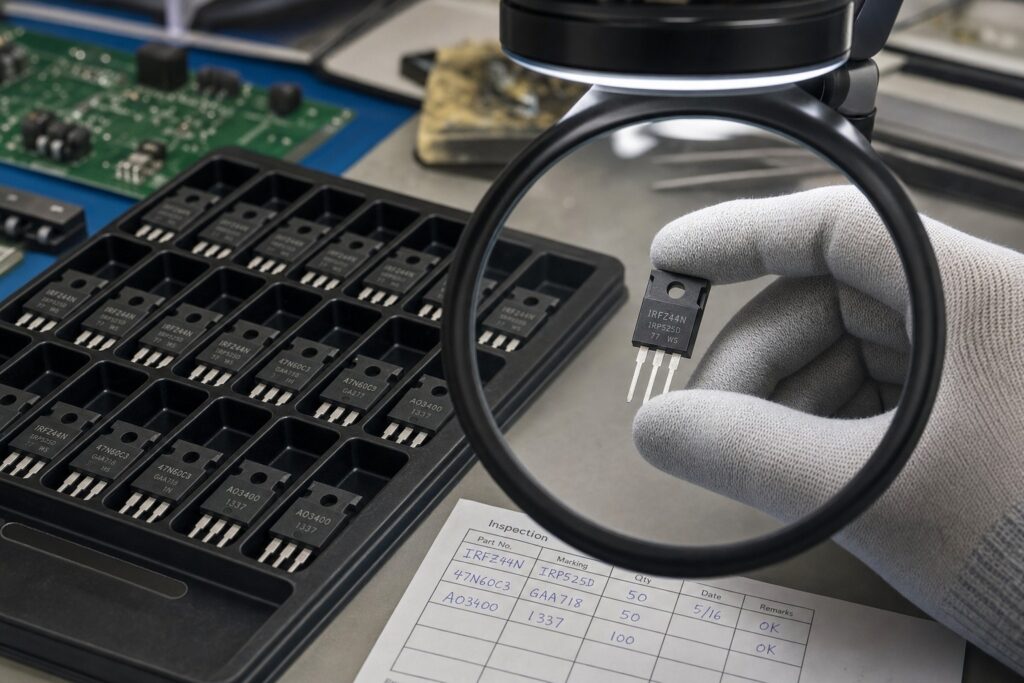 MOSFET packages being inspected with a magnifier on an anti-static workbench