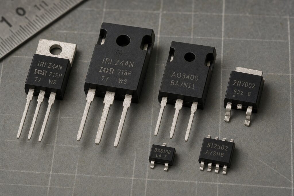 Several MOSFET package styles arranged for comparison on a clean technical bench