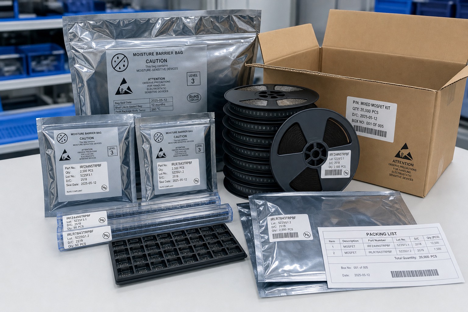 MOSFET secure packaging with reel tube tray and anti-static protection