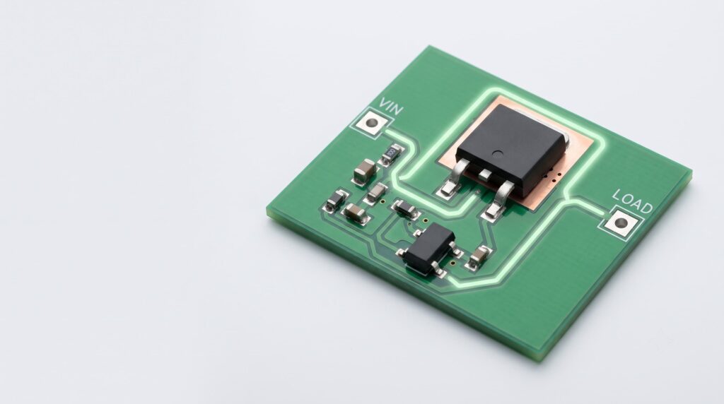 P-channel MOSFET high-side switch controlled by a small N-MOSFET driver on a clean PCB