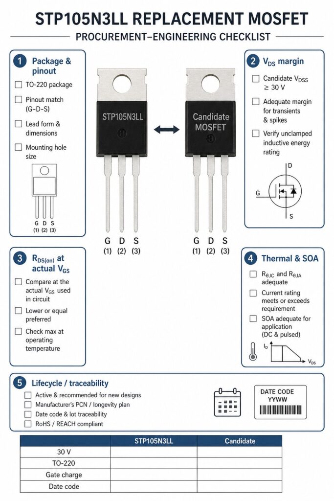 stp105n3ll replacement mosfet checklist