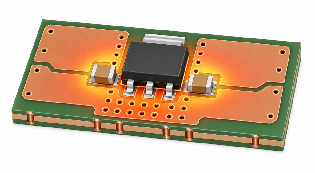 Compact LDO PCB layout with copper thermal area, thermal vias, and close input and output capacitors
