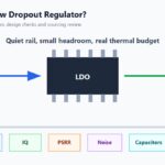 LDO regulator guide showing dropout voltage, IQ, PSRR, heat and capacitor checks