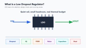 LDO regulator guide showing dropout voltage, IQ, PSRR, heat and capacitor checks