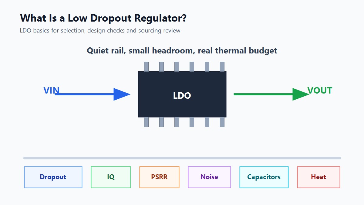 LDO regulator guide showing dropout voltage, IQ, PSRR, heat and capacitor checks