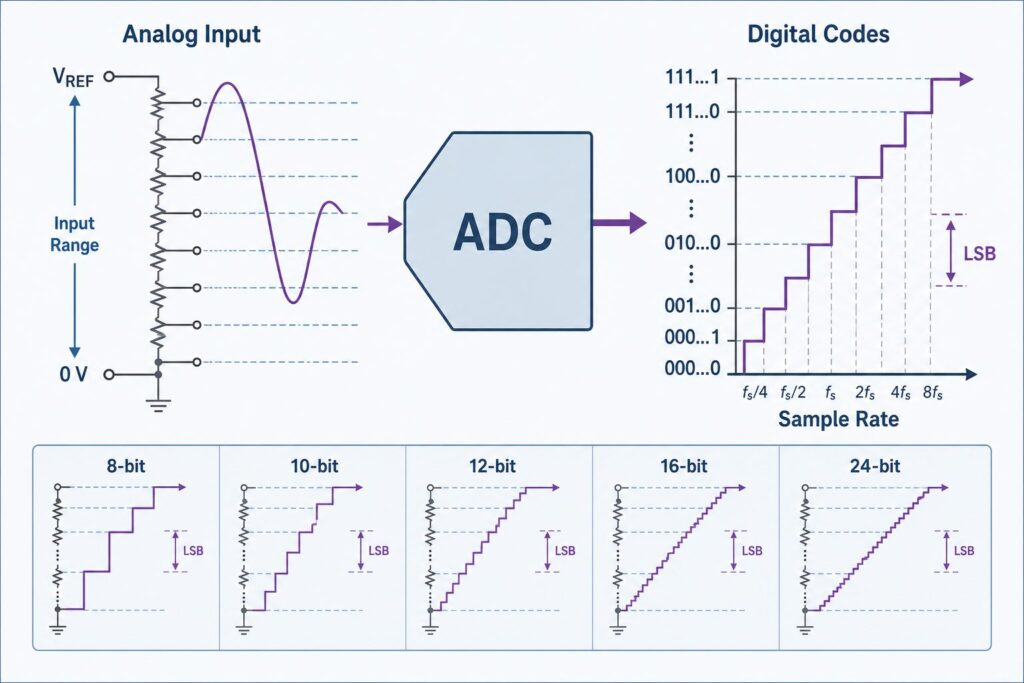 ADC resolution and sampling rate selection ladder from 8-bit to 24-bit ADCs
