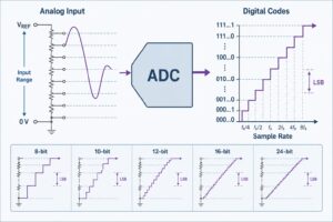 ADC resolution and sampling rate selection ladder from 8-bit to 24-bit ADCs