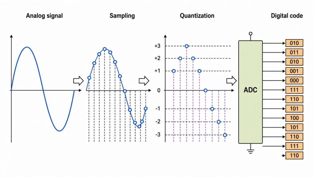 ADC basics diagram showing an analog waveform, sampling points, quantization levels, and a digital output code