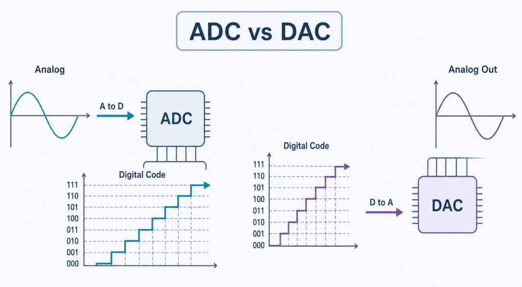 ADC vs DAC direction diagram showing analog signal to ADC to digital code and digital code to DAC to analog output