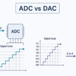 ADC vs DAC direction diagram showing analog signal to ADC to digital code and digital code to DAC to analog output