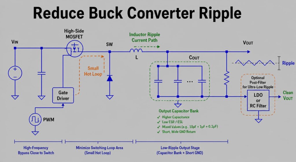 Buck converter ripple reduction schematic with output capacitor bank, inductor ripple current path, small hot loop and post-filter