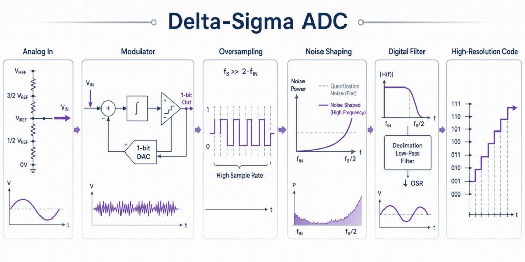 Delta-sigma ADC converter infographic showing analog input, modulator, oversampling, noise shaping, digital filtering, and high-resolution output code