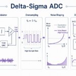 Delta-sigma ADC converter infographic showing analog input, modulator, oversampling, noise shaping, digital filtering, and high-resolution output code