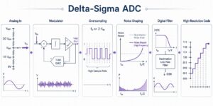 Delta-sigma ADC converter infographic showing analog input, modulator, oversampling, noise shaping, digital filtering, and high-resolution output code