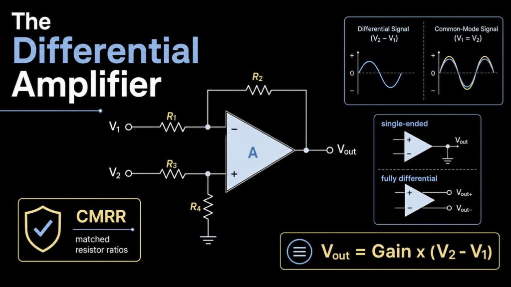 Differential amplifier circuit with matched resistor ratios, differential input voltage and CMRR design checks