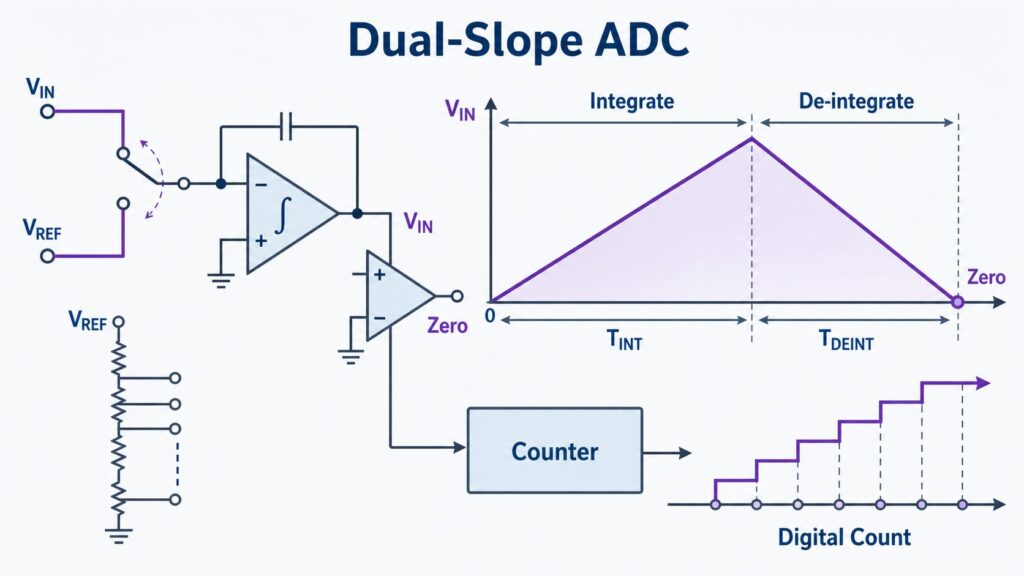 Dual slope ADC infographic showing integration, de-integration, counter timing, and digital count
