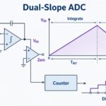 Dual slope ADC infographic showing integration, de-integration, counter timing, and digital count