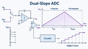Dual slope ADC infographic showing integration, de-integration, counter timing, and digital count