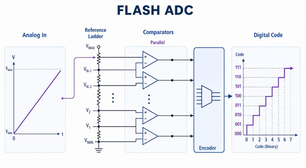 Flash ADC comparator ladder showing analog input, reference ladder, parallel comparators, encoder, and digital code output