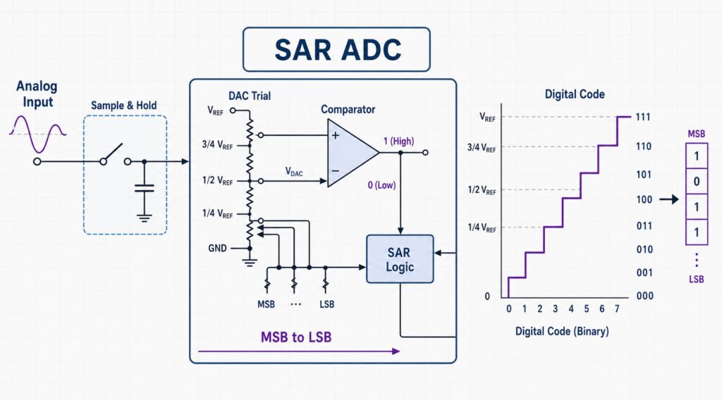 SAR ADC converter diagram showing binary search from analog input voltage to digital output code