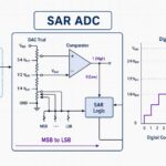 SAR ADC converter diagram showing binary search from analog input voltage to digital output code