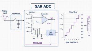 SAR ADC converter diagram showing binary search from analog input voltage to digital output code