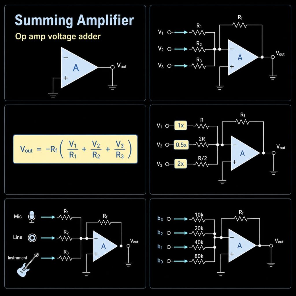 Summing amplifier tutorial diagram collection with op amp voltage adder, weighted sum, audio mixer and DAC examples