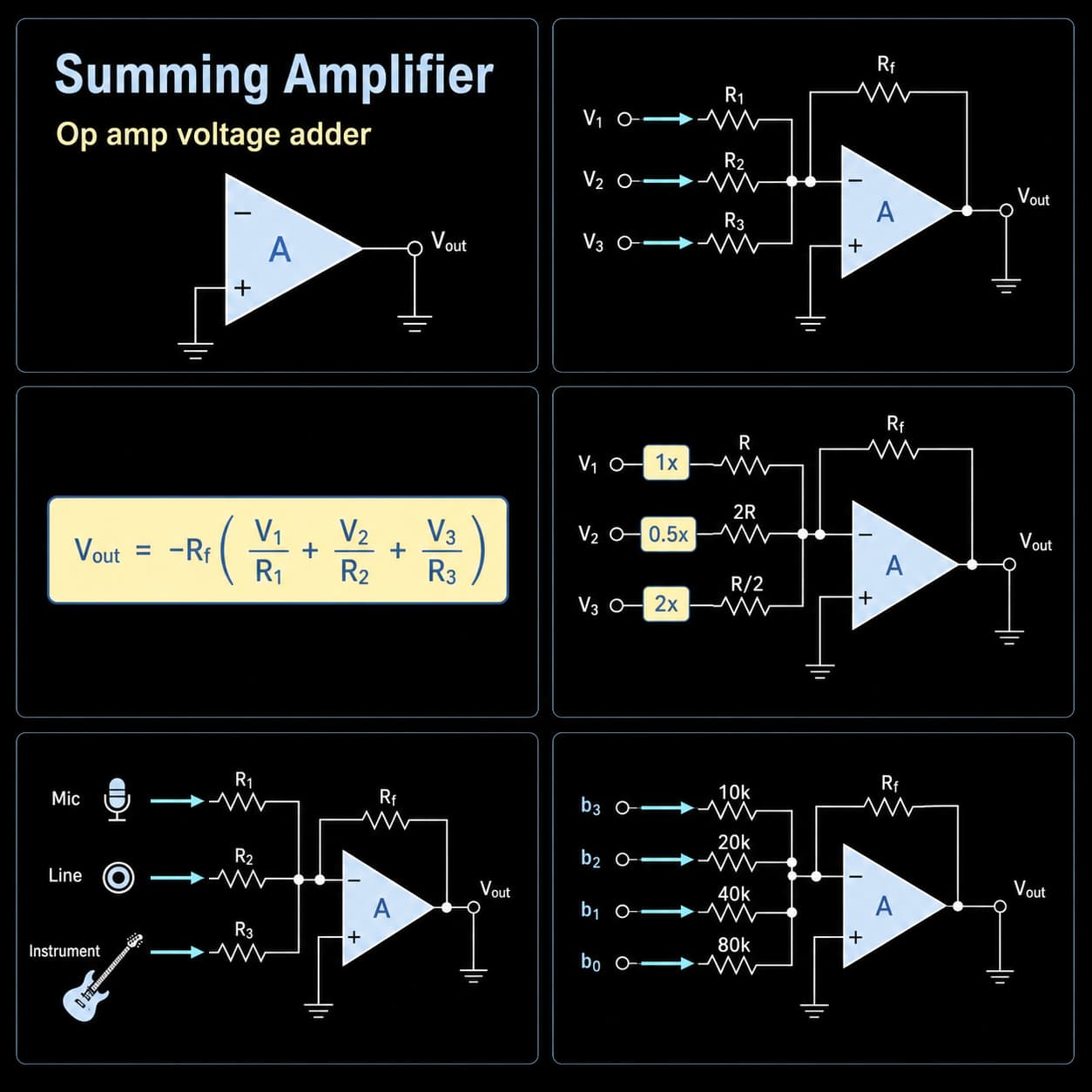 Summing amplifier tutorial diagram collection with op amp voltage adder, weighted sum, audio mixer and DAC examples