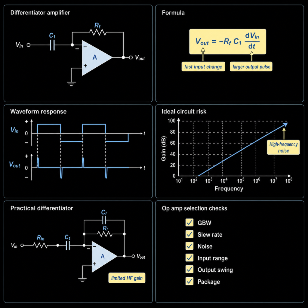 Op amp differentiator amplifier diagram collection with circuit formula waveform risk practical circuit and selection checks