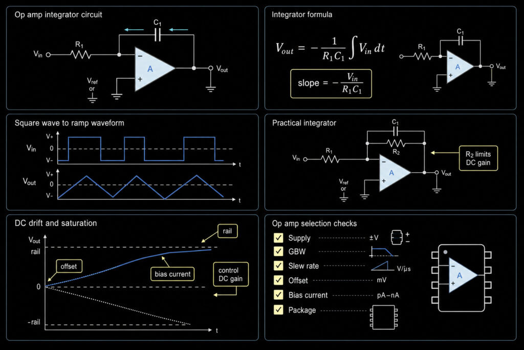 Op amp integrator circuit diagram with input resistor feedback capacitor output waveform practical feedback resistor and op amp selection checks