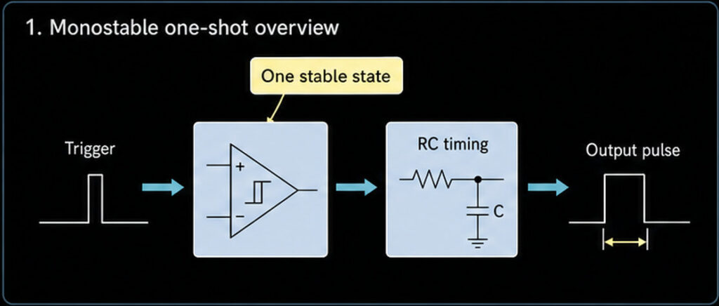 Op amp monostable one-shot overview showing trigger RC timing and output pulse
